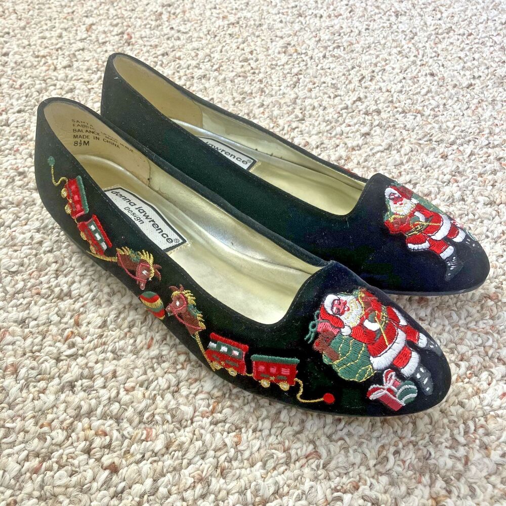 Vintage Donna Lawrence Womens Embroidered Christmas Shoes Sz 8.5 M Santa Velvet